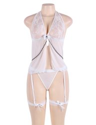 White Sheer Mesh Babydoll Lingerie Garter Set