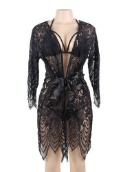 Black Sheer Mesh And Eyelash Lace Robe Set