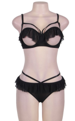 Open Cup Ruffle Black Bra And Panty Set