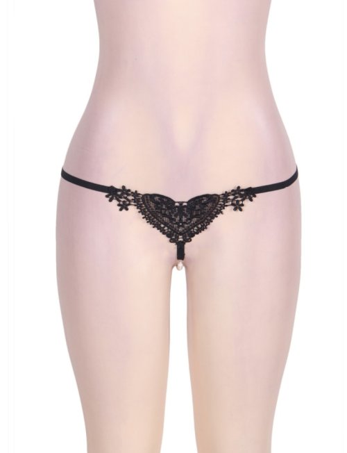 Heart Shaped with Pearl Beads Black G-string