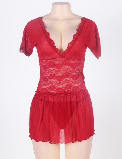 Burgundy Sheer Mesh Babydoll Lingerie