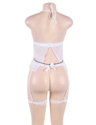 White Sheer Mesh Babydoll Lingerie Garter Set