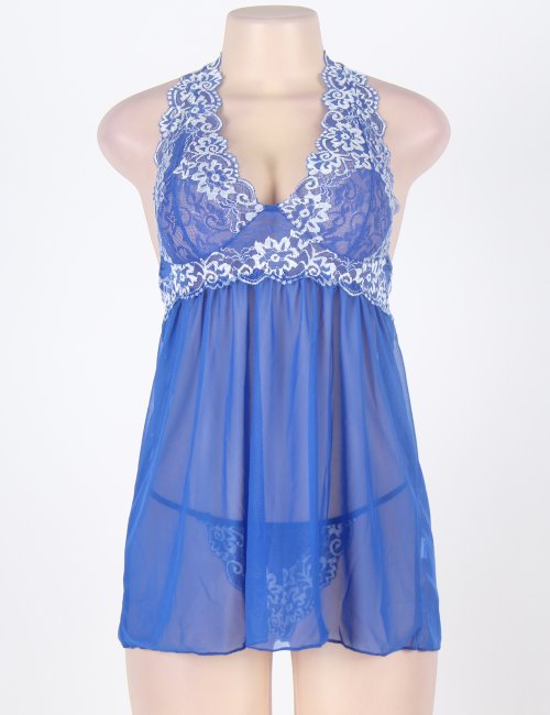 Halter Lace Patchwork Blue Lingerie Set