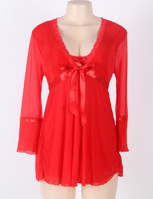 Red Mesh Bell Sleeve Robe And Babydoll Set