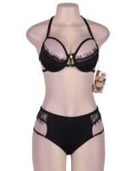 Black Eyelash Lace Strappy BH Set