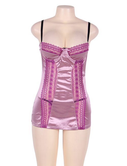 Purplish Red Deluxe Satin Lace Stitching Babydoll