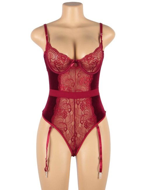 Design Lace And Velour Stitching Teddy With Underwire
