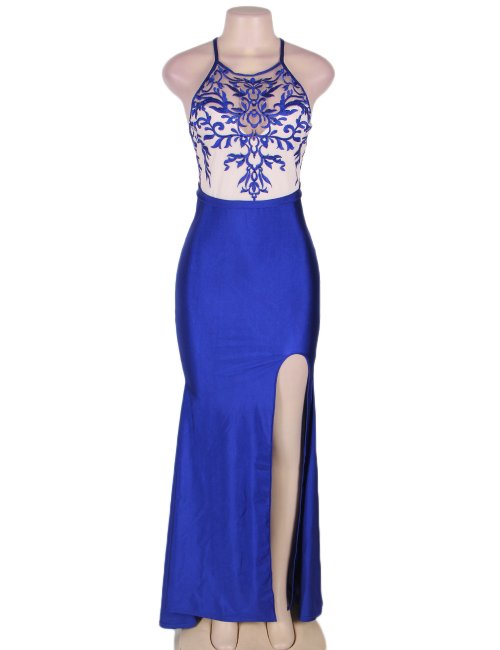 Blue Embroidery Elegant Slit Evening Dress